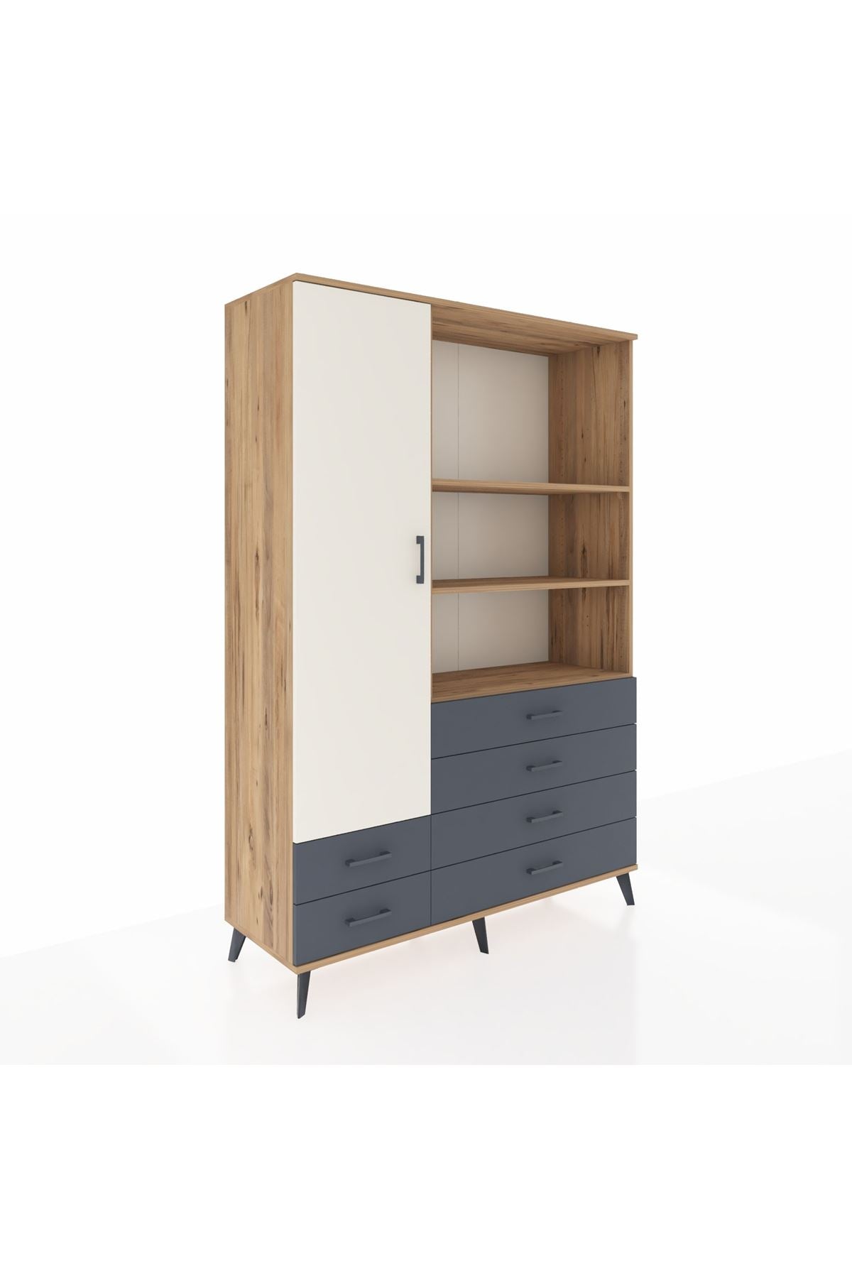 Hyperion Dolap 7 Raflı 6 Çekmeceli Tek Kapaklı  132x44x195 Çam-Aytaşı/Antrasit