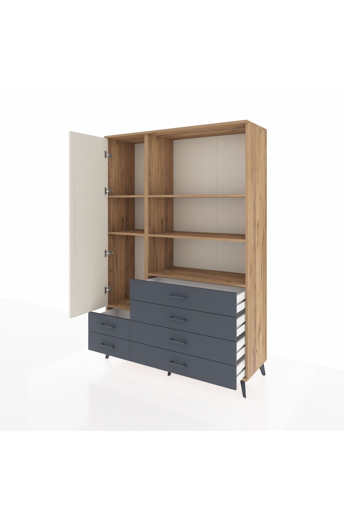 Hyperion Dolap 7 Raflı 6 Çekmeceli Tek Kapaklı  132x44x195 Çam-Aytaşı/Antrasit