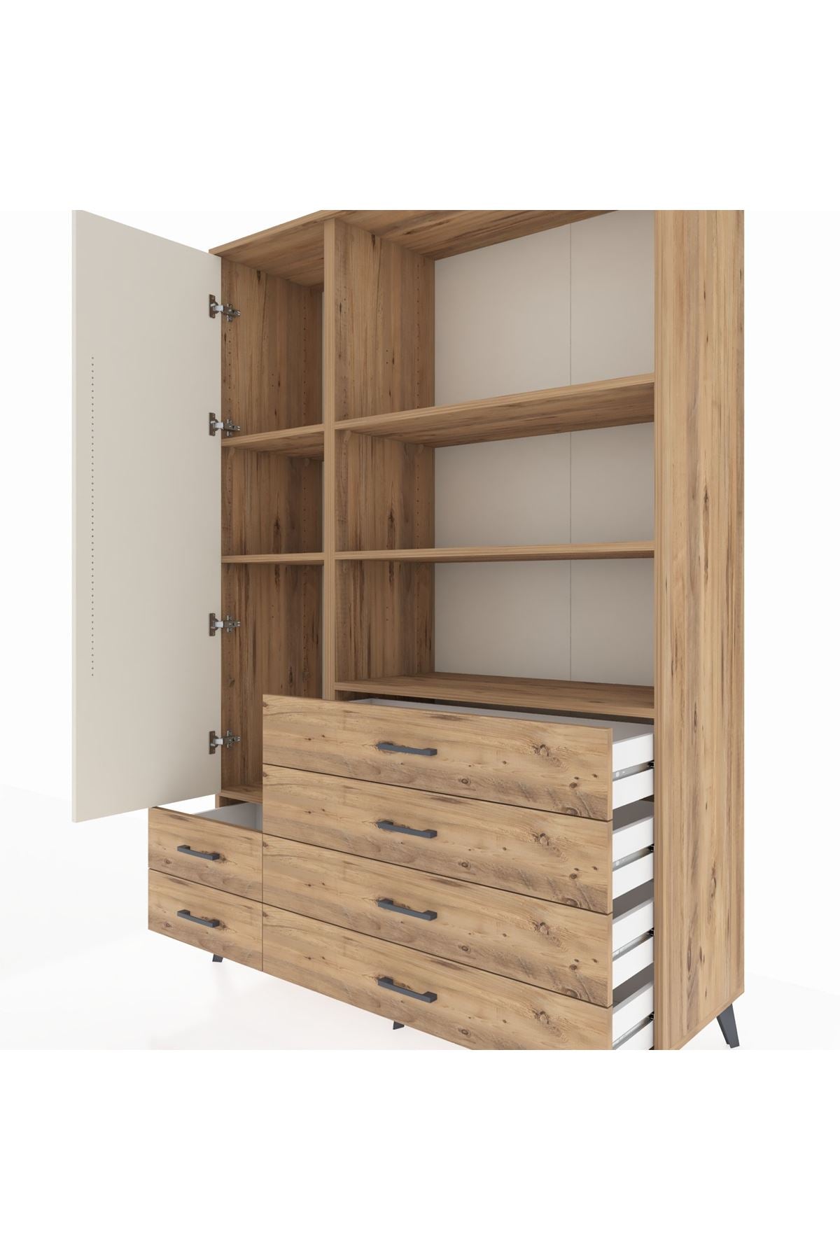 Hyperion Dolap 7 Raflı 6 Çekmeceli Tek Kapaklı  132x44x195 Çam-Aytaşı/Çam