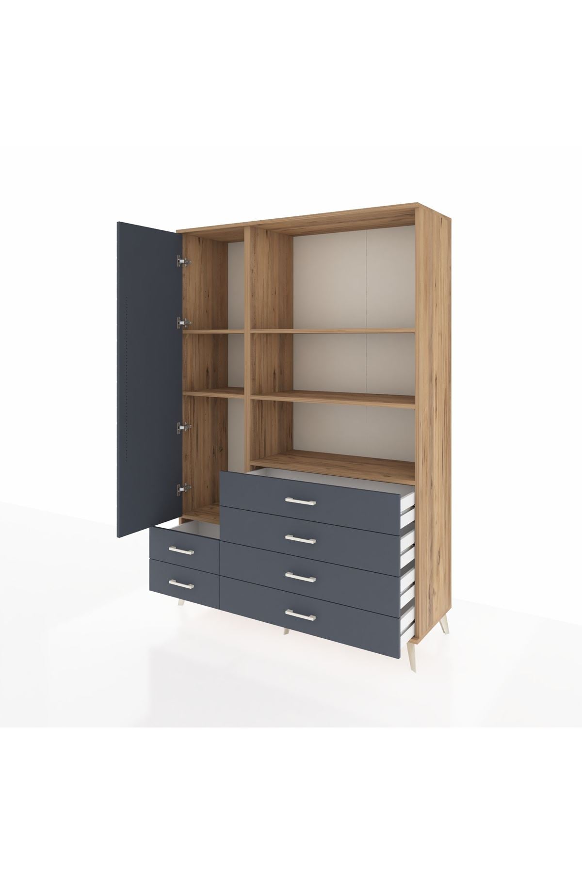 Hyperion Dolap 7 Raflı 6 Çekmeceli Tek Kapaklı  132x44x195 Çam-Antrasit/Antrasit