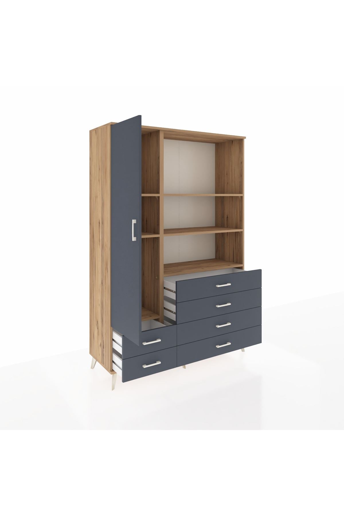 Hyperion Dolap 7 Raflı 6 Çekmeceli Tek Kapaklı  132x44x195 Çam-Antrasit/Antrasit