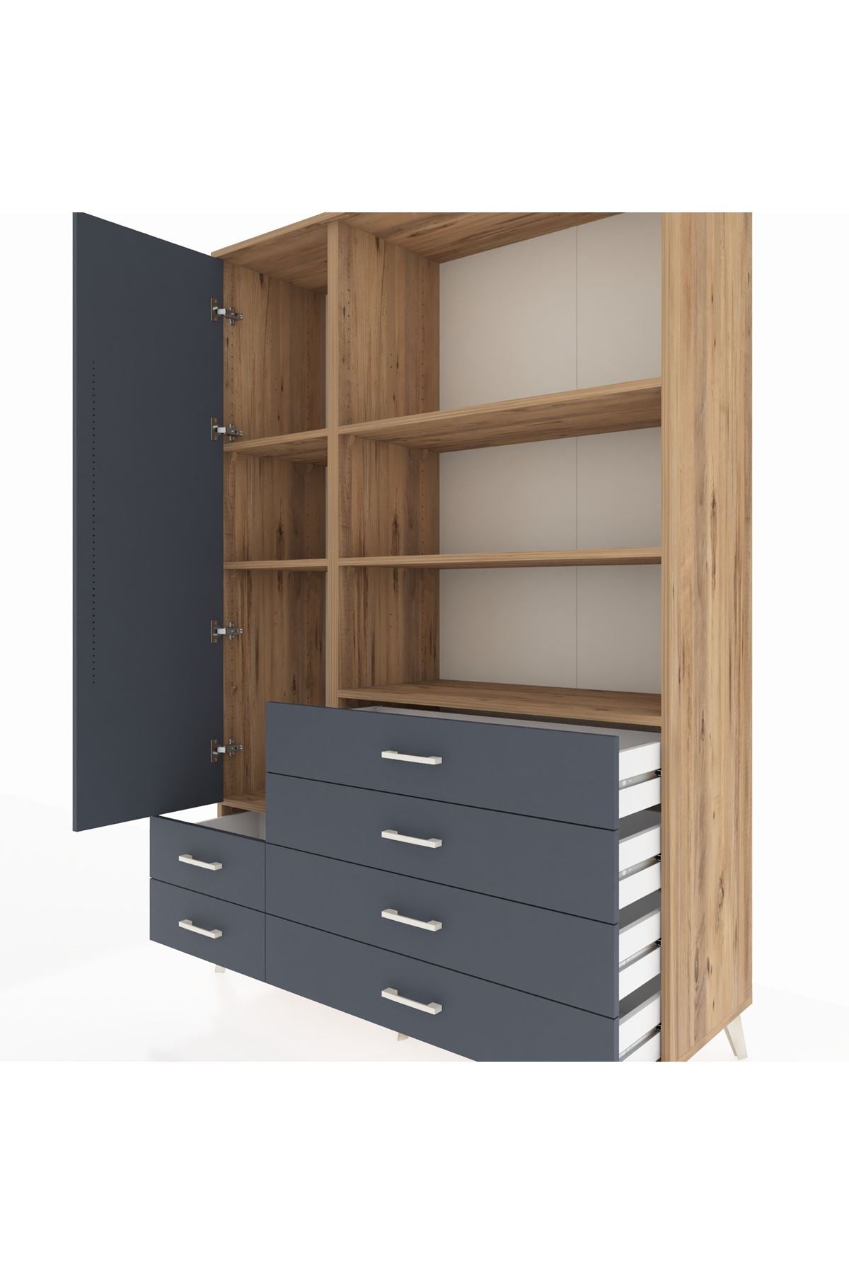 Hyperion Dolap 7 Raflı 6 Çekmeceli Tek Kapaklı  132x44x195 Çam-Antrasit/Antrasit