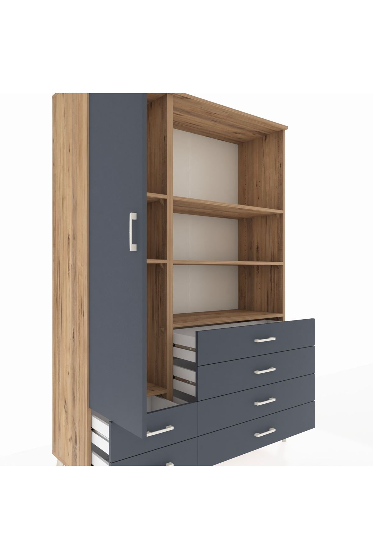 Hyperion Dolap 7 Raflı 6 Çekmeceli Tek Kapaklı  132x44x195 Çam-Antrasit/Antrasit