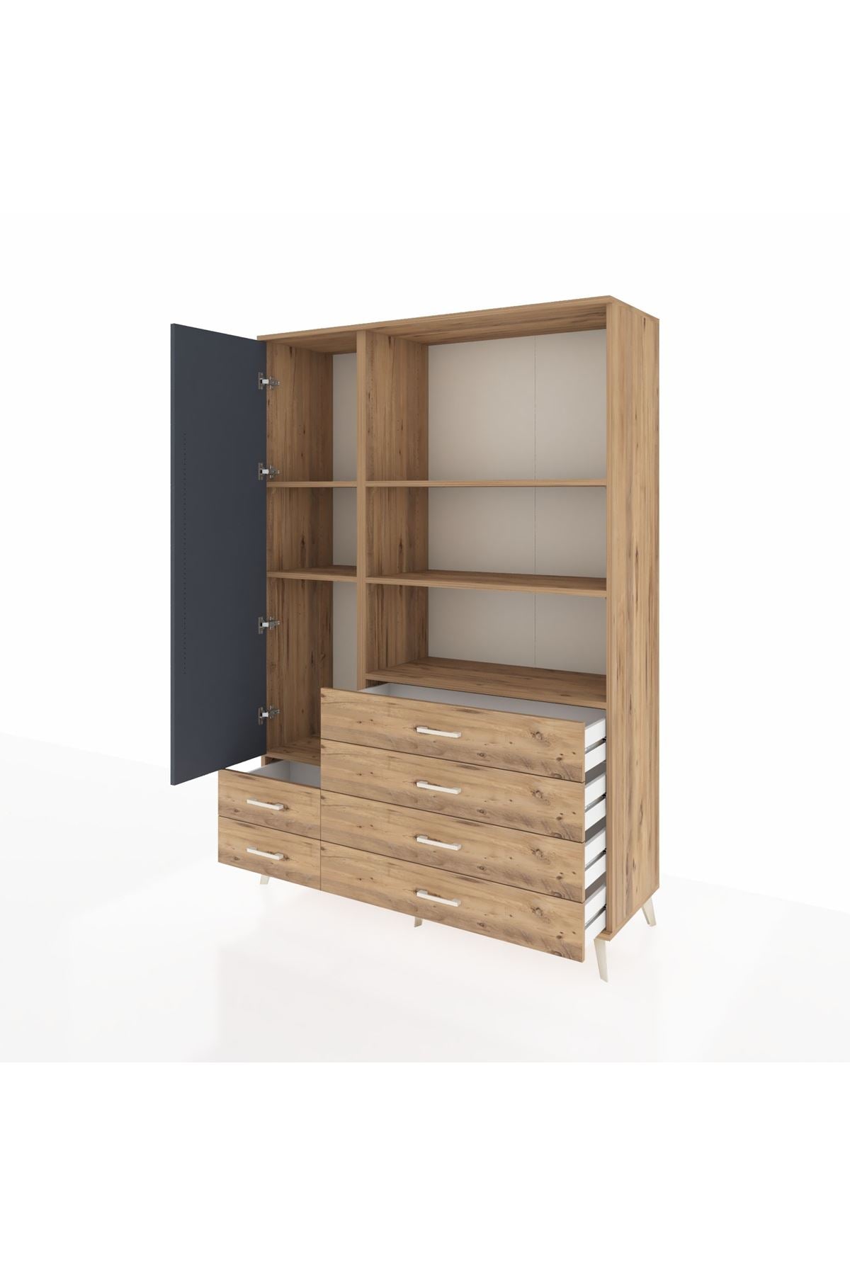 Hyperion Dolap 7 Raflı 6 Çekmeceli Tek Kapaklı  132x44x195 Çam-Antrasit/Çam