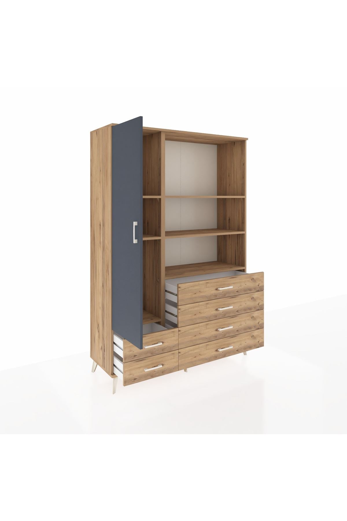 Hyperion Dolap 7 Raflı 6 Çekmeceli Tek Kapaklı  132x44x195 Çam-Antrasit/Çam