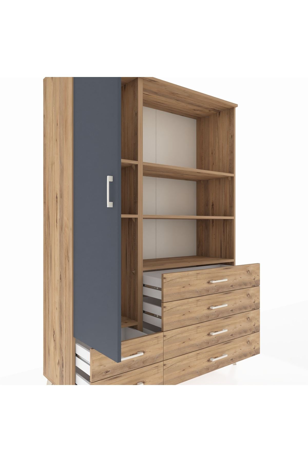 Hyperion Dolap 7 Raflı 6 Çekmeceli Tek Kapaklı  132x44x195 Çam-Antrasit/Çam