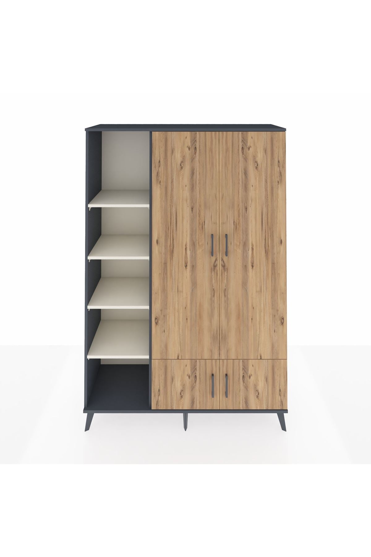 Hyperion Dolap 6 Raflı 4 Kapaklı Tek Askılı 132x44x195 Antrasit-Çam/Aytaşı