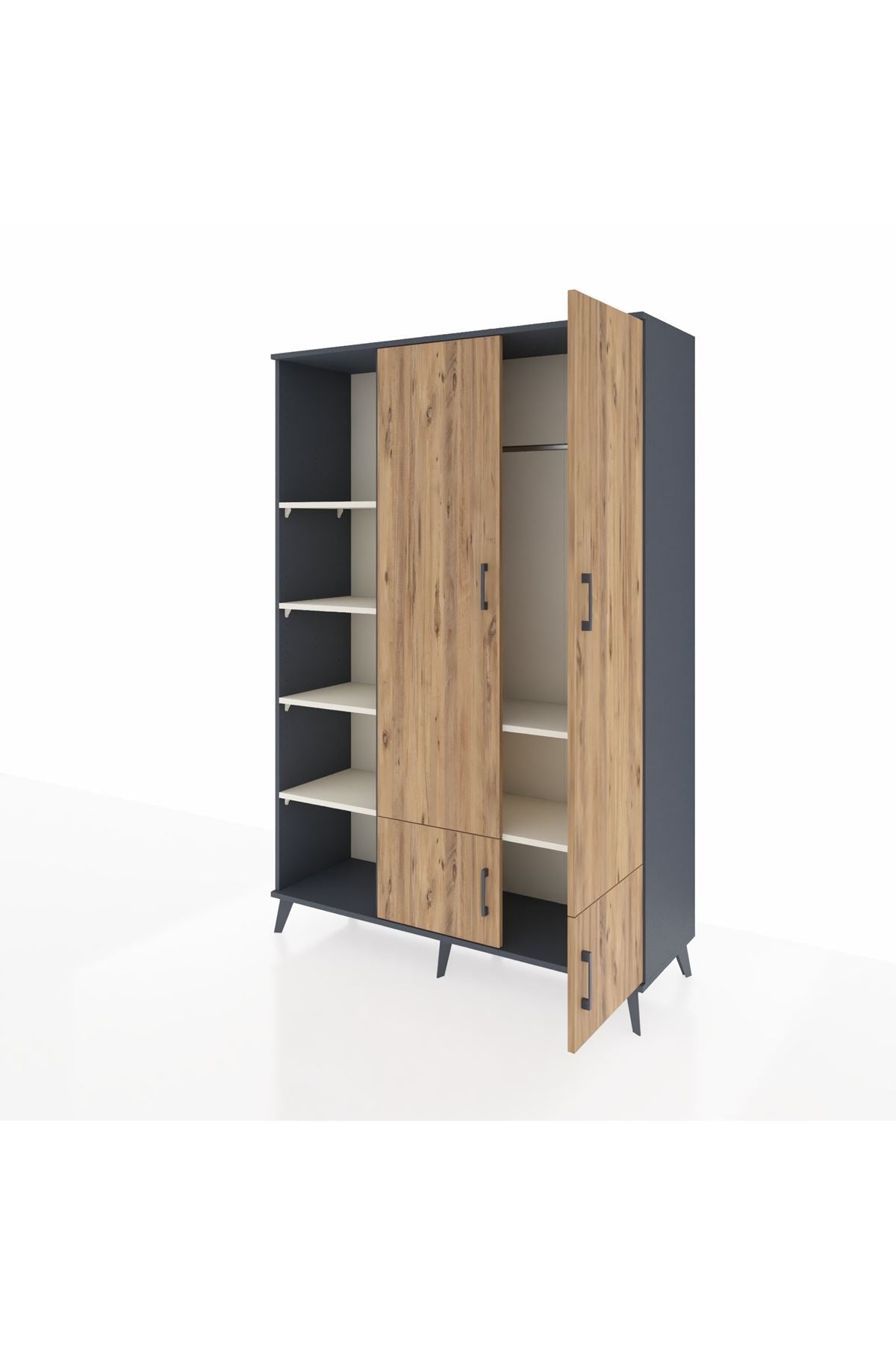 Hyperion Dolap 6 Raflı 4 Kapaklı Tek Askılı 132x44x195 Antrasit-Çam/Aytaşı