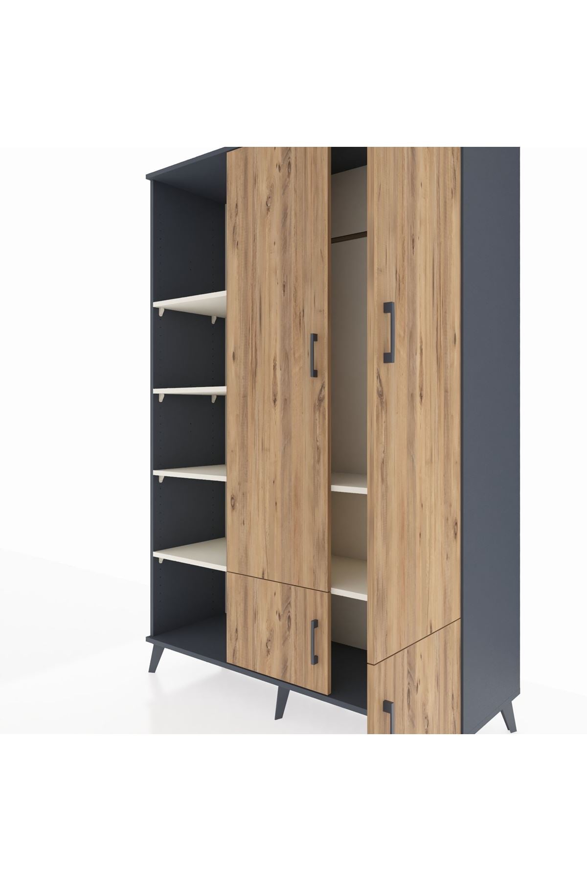 Hyperion Dolap 6 Raflı 4 Kapaklı Tek Askılı 132x44x195 Antrasit-Çam/Aytaşı