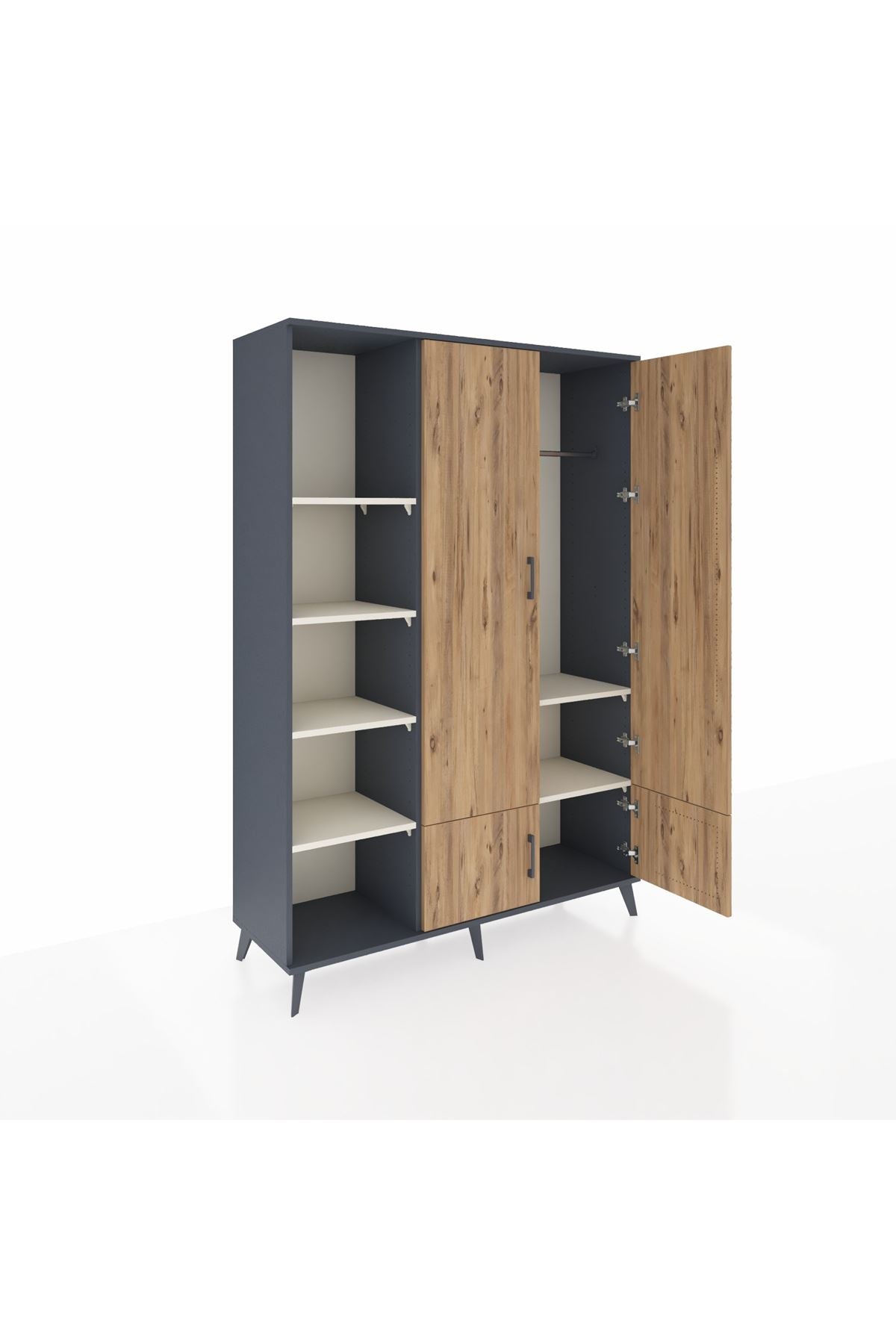 Hyperion Dolap 6 Raflı 4 Kapaklı Tek Askılı 132x44x195 Antrasit-Çam/Aytaşı