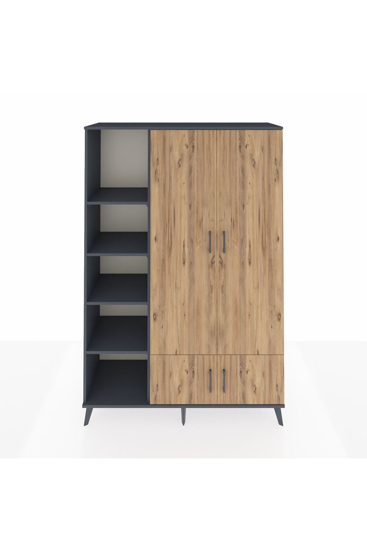 Hyperion Dolap 6 Raflı 4 Kapaklı Tek Askılı 132x44x195 Antrasit-Çam/Antrasit