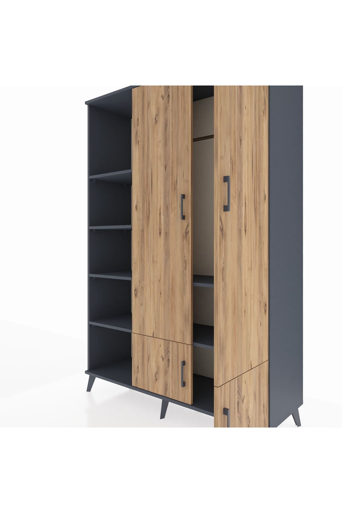 Hyperion Dolap 6 Raflı 4 Kapaklı Tek Askılı 132x44x195 Antrasit-Çam/Antrasit