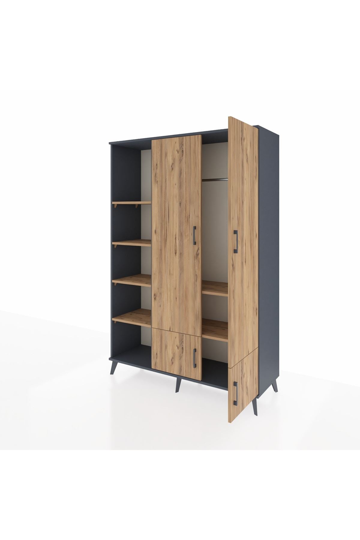 Hyperion Dolap 6 Raflı 4 Kapaklı Tek Askılı 132x44x195 Antrasit-Çam/Çam