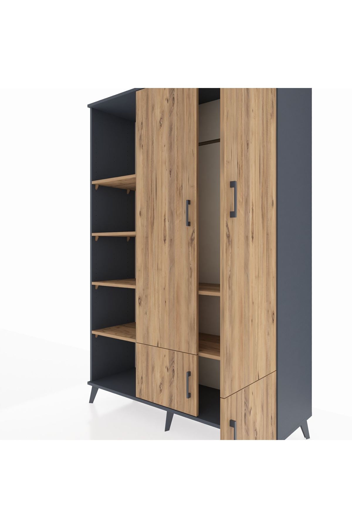 Hyperion Dolap 6 Raflı 4 Kapaklı Tek Askılı 132x44x195 Antrasit-Çam/Çam