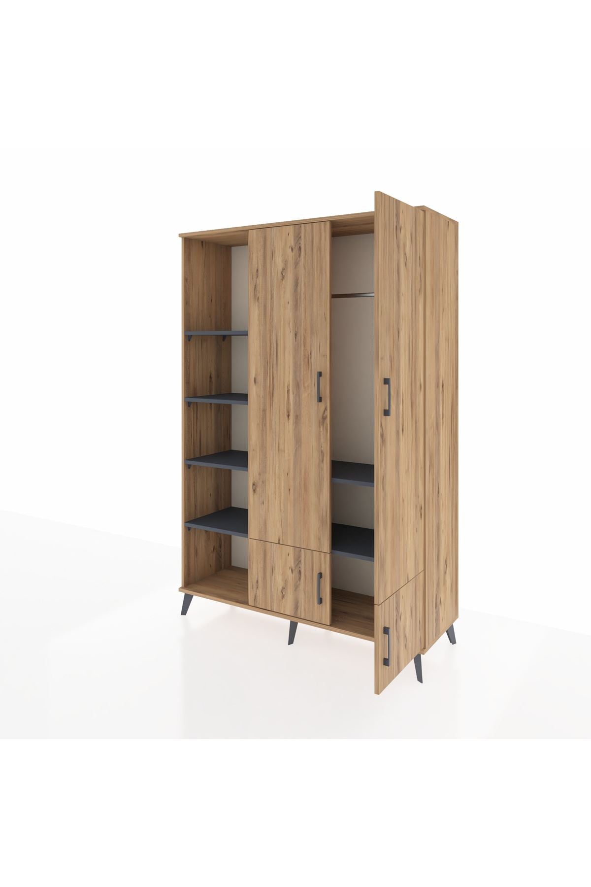 Hyperion Dolap 6 Raflı 4 Kapaklı Tek Askılı 132x44x195 Çam-Çam/Antrasit