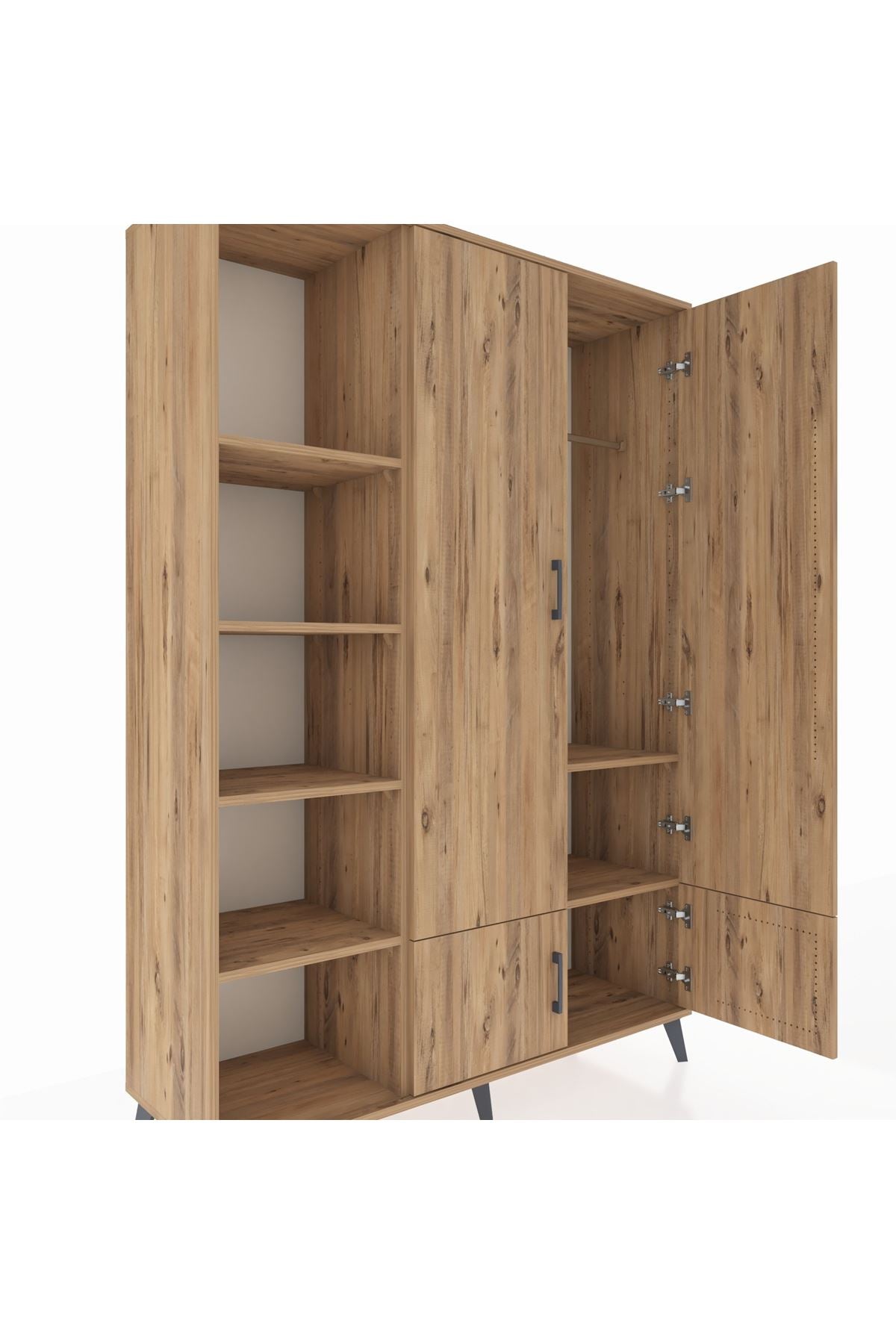 Hyperion Dolap 6 Raflı 4 Kapaklı Tek Askılı 132x44x195 Çam-Çam/Çam