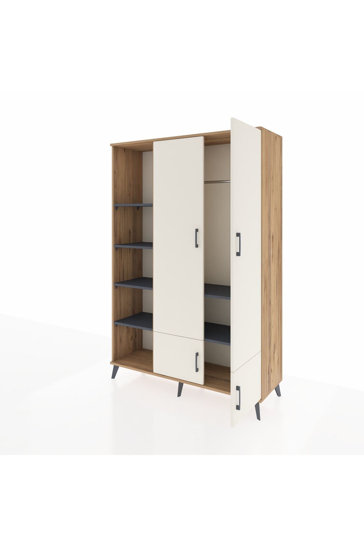 Hyperion Dolap 6 Raflı 4 Kapaklı Tek Askılı 132x44x195 Çam-Aytaşı/Antrasit