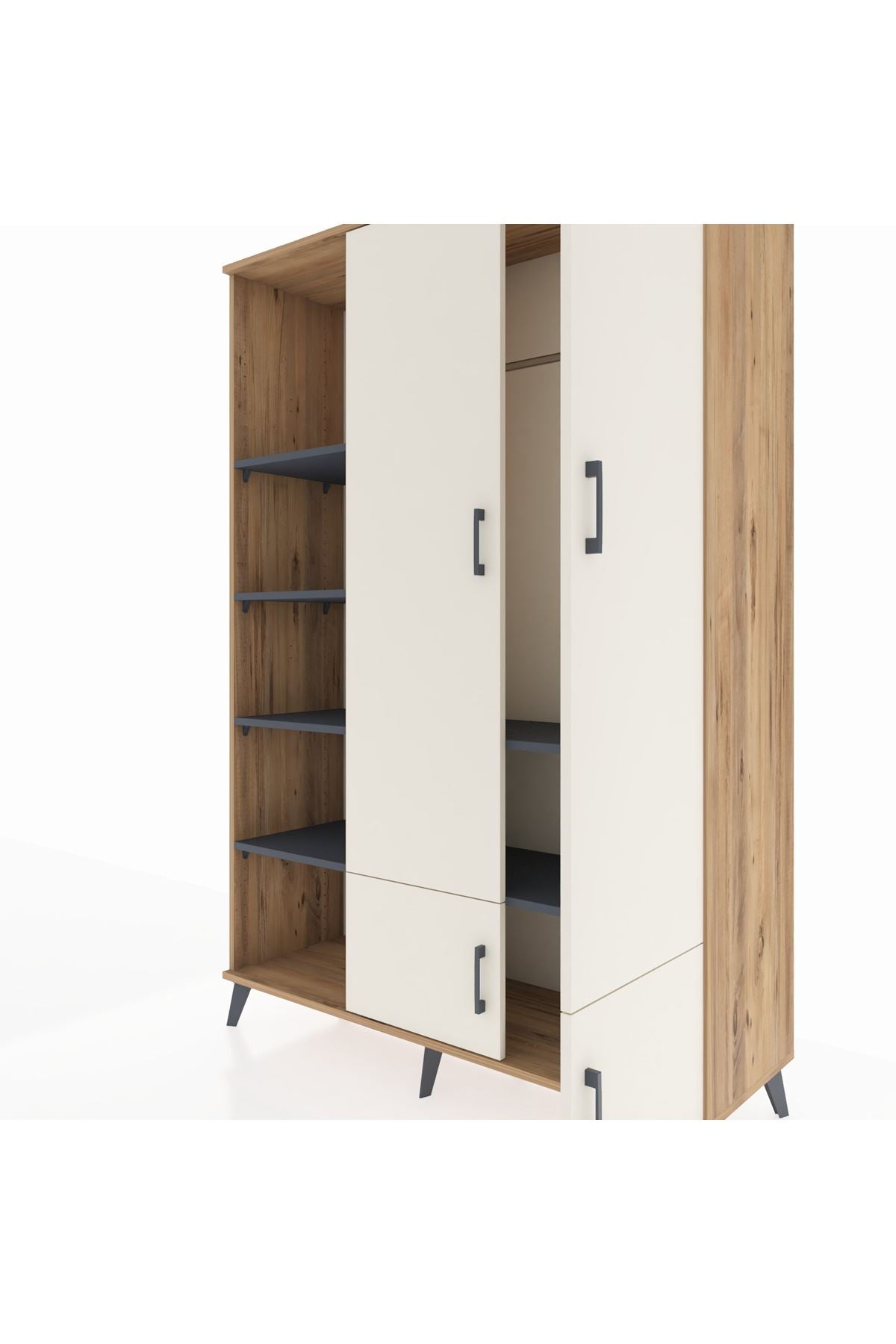 Hyperion Dolap 6 Raflı 4 Kapaklı Tek Askılı 132x44x195 Çam-Aytaşı/Antrasit