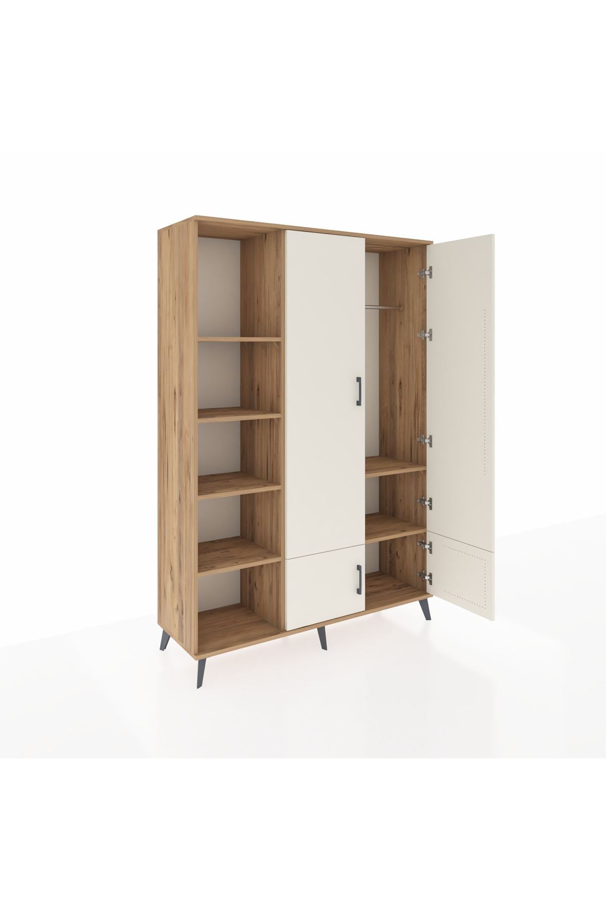 Hyperion Dolap 6 Raflı 4 Kapaklı Tek Askılı 132x44x195 Çam-Aytaşı/Çam