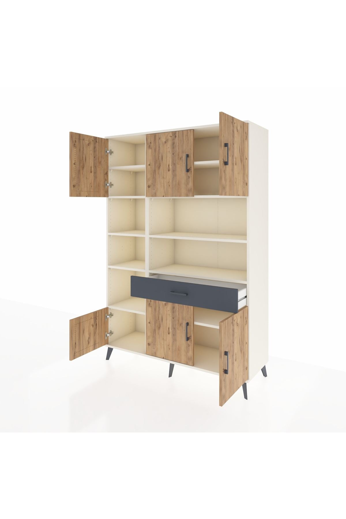 Hyperion Dolap 10 Raflı Tek Çekmeceli 6 Kapaklı 132x44x195 Aytaşı-Çam/Antrasit