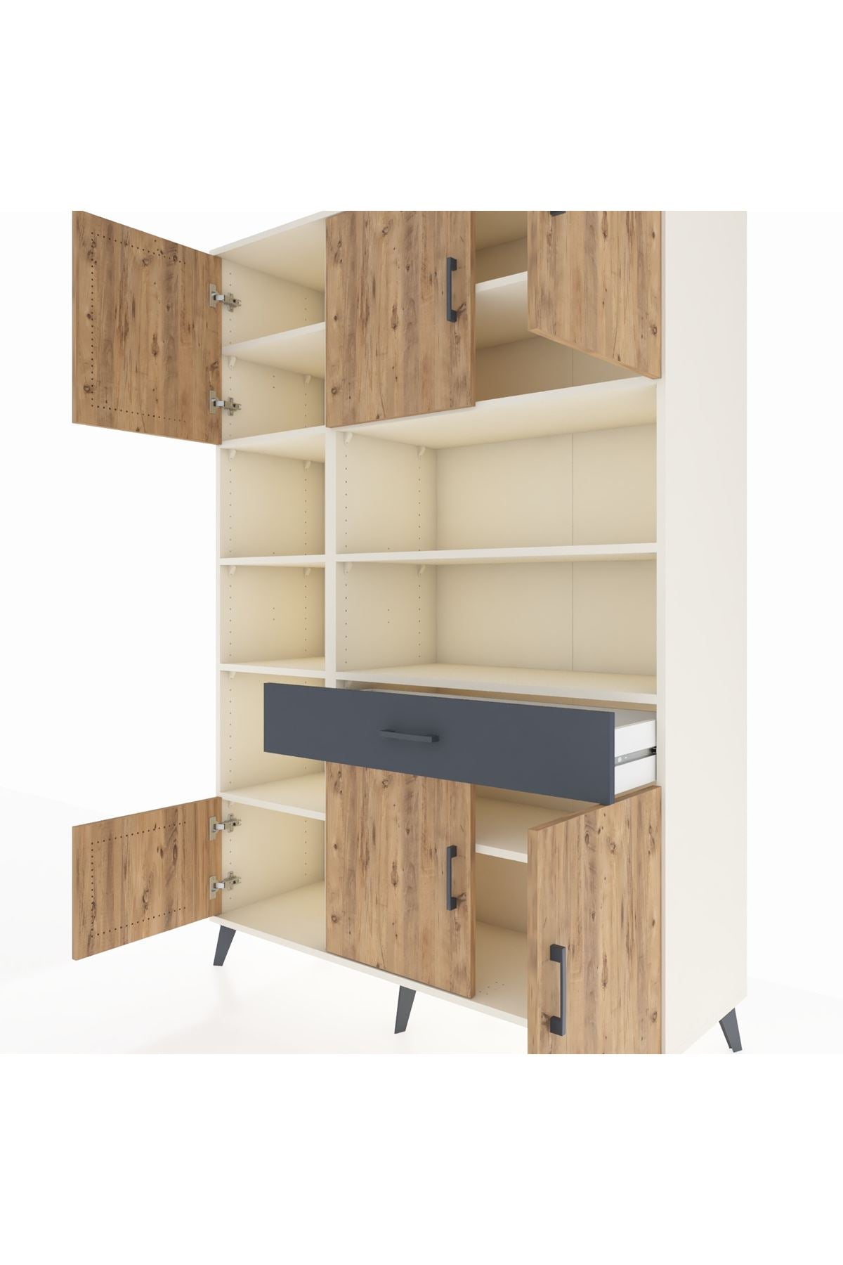 Hyperion Dolap 10 Raflı Tek Çekmeceli 6 Kapaklı 132x44x195 Aytaşı-Çam/Antrasit