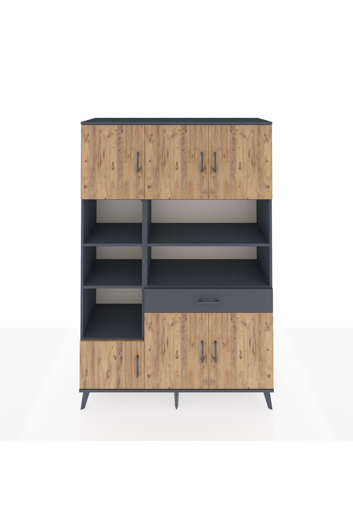 Hyperion Dolap 10 Raflı Tek Çekmeceli 6 Kapaklı 132x44x195 Antrasit-Çam/Antrasit