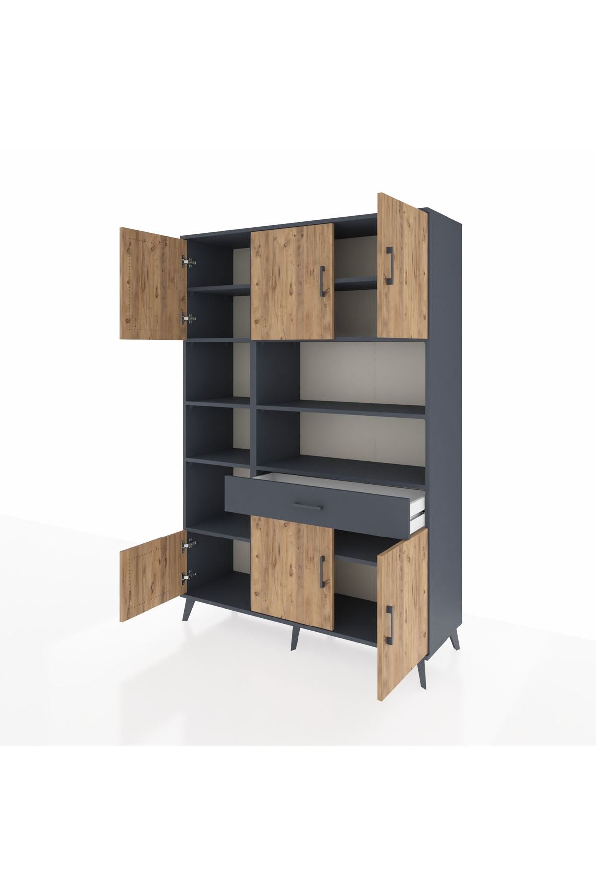 Hyperion Dolap 10 Raflı Tek Çekmeceli 6 Kapaklı 132x44x195 Antrasit-Çam/Antrasit