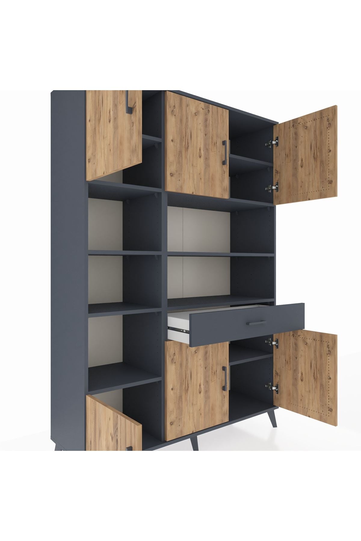 Hyperion Dolap 10 Raflı Tek Çekmeceli 6 Kapaklı 132x44x195 Antrasit-Çam/Antrasit