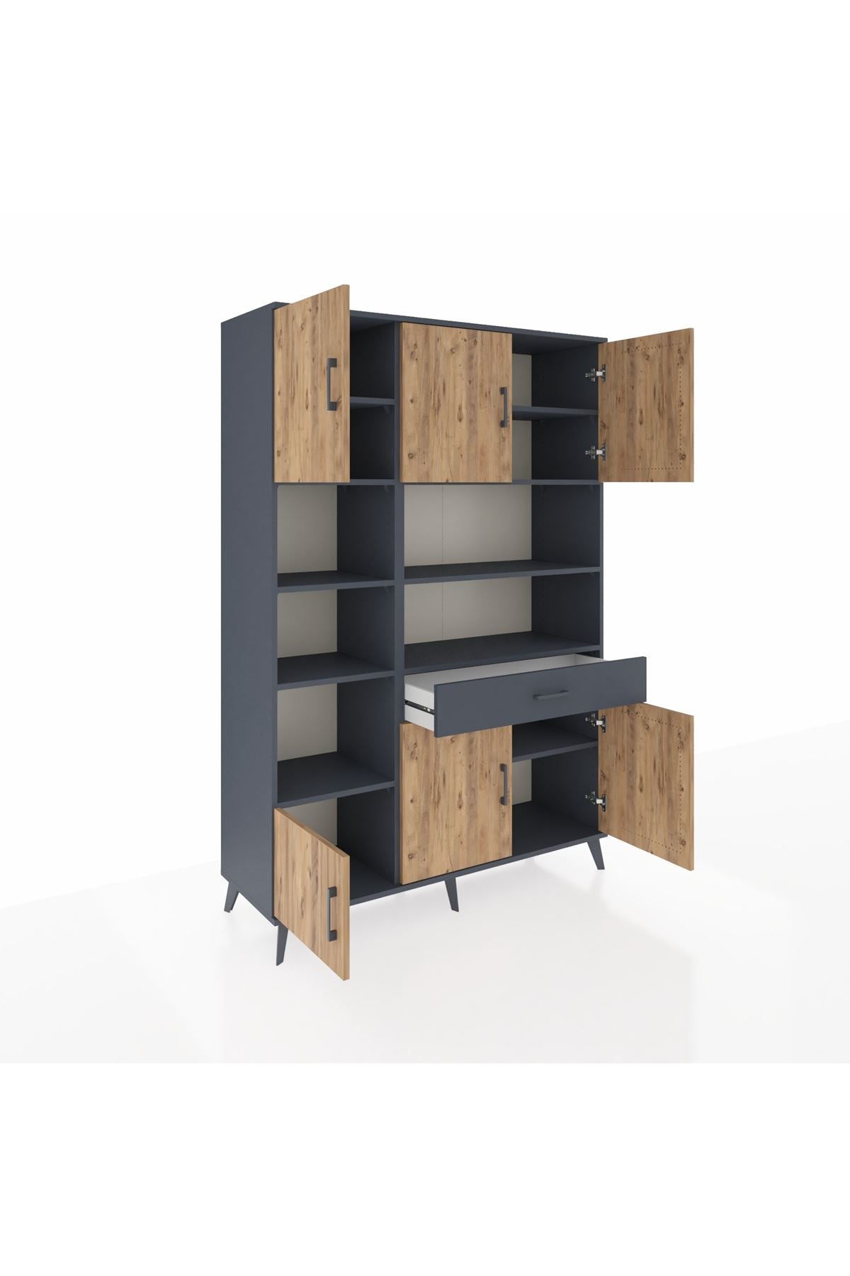 Hyperion Dolap 10 Raflı Tek Çekmeceli 6 Kapaklı 132x44x195 Antrasit-Çam/Antrasit