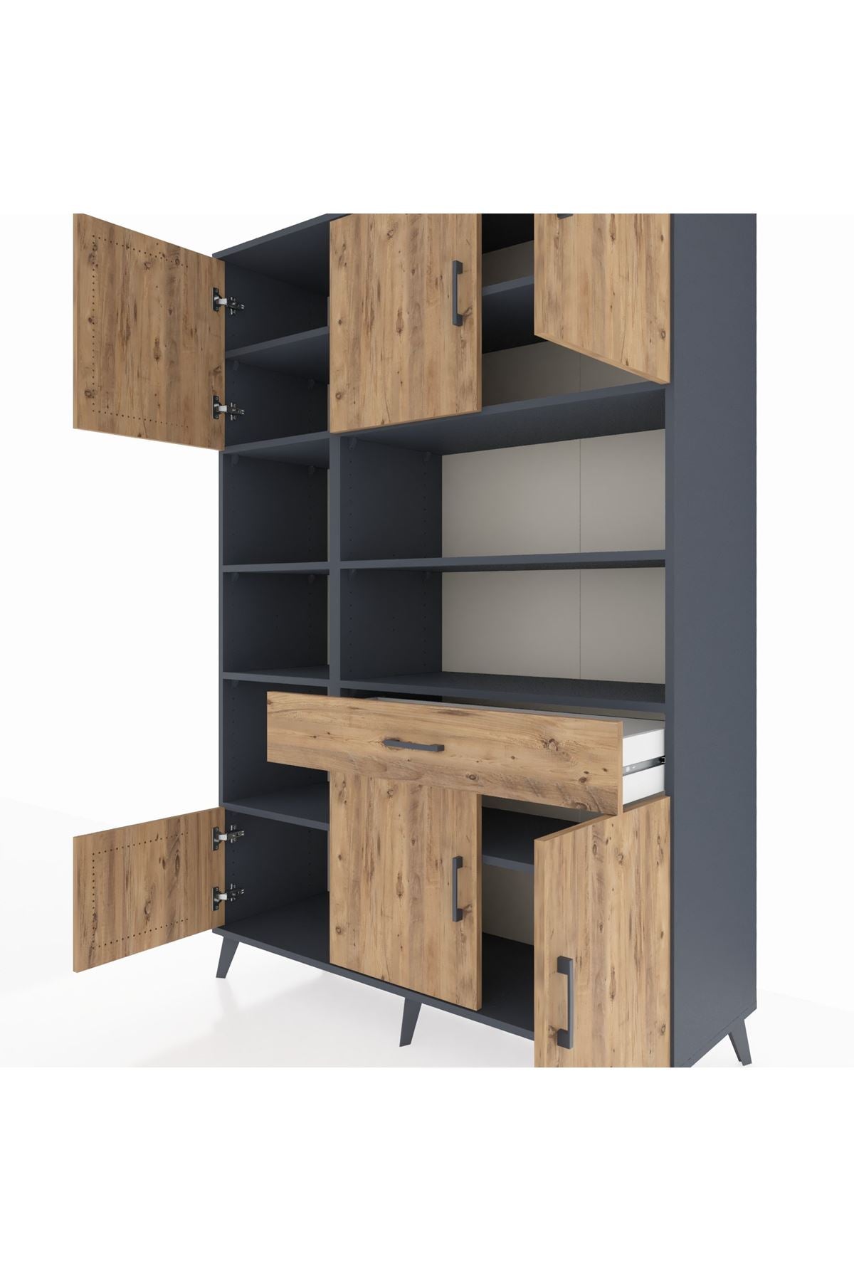 Hyperion Dolap 10 Raflı Tek Çekmeceli 6 Kapaklı 132x44x195 Antrasit-Çam/Çam