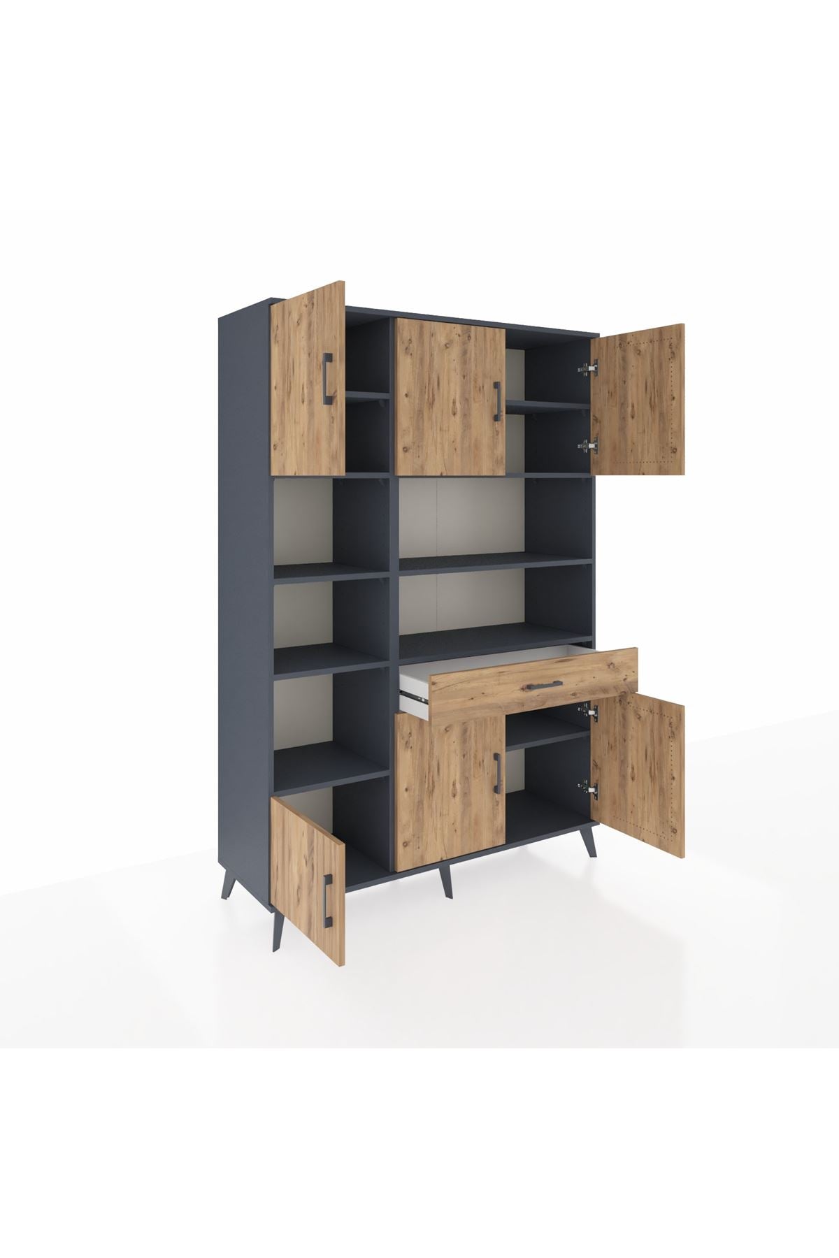 Hyperion Dolap 10 Raflı Tek Çekmeceli 6 Kapaklı 132x44x195 Antrasit-Çam/Çam