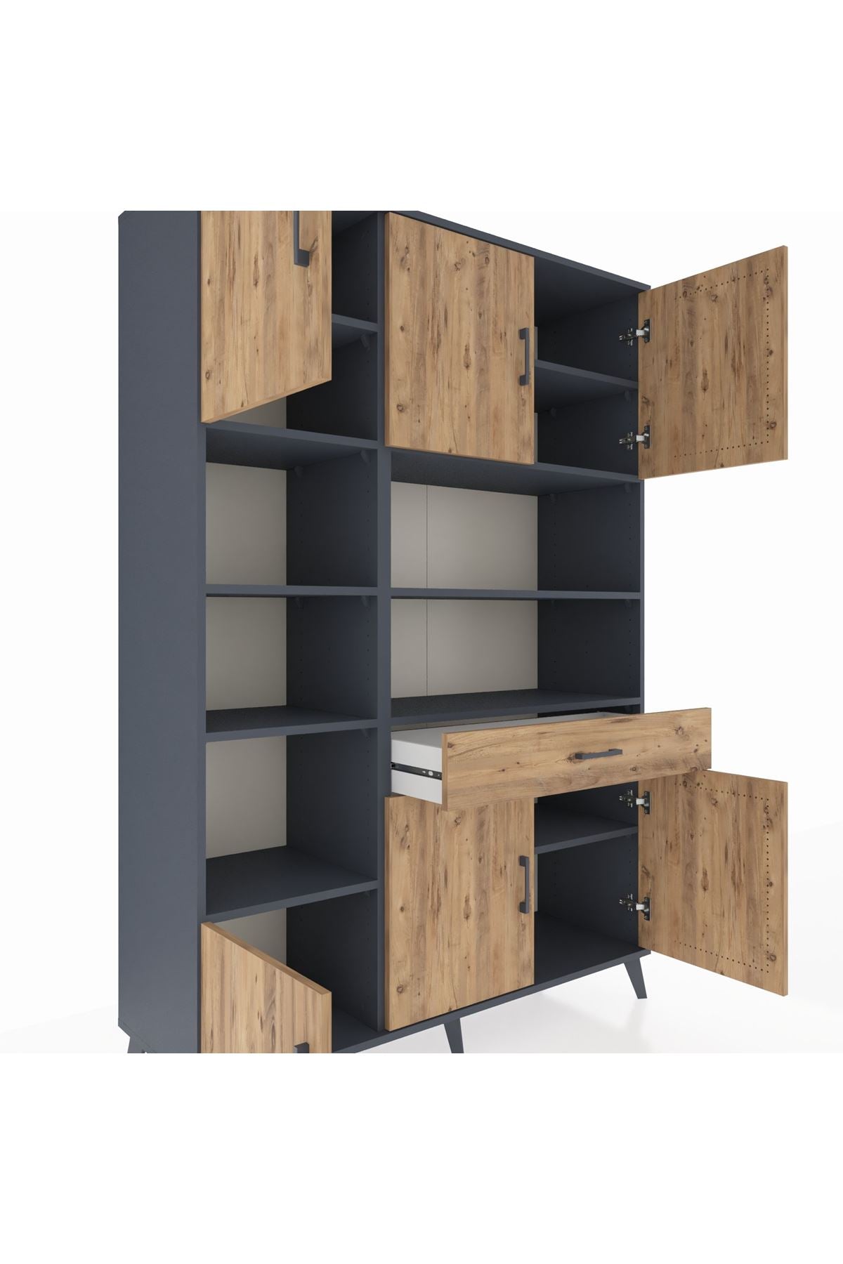 Hyperion Dolap 10 Raflı Tek Çekmeceli 6 Kapaklı 132x44x195 Antrasit-Çam/Çam