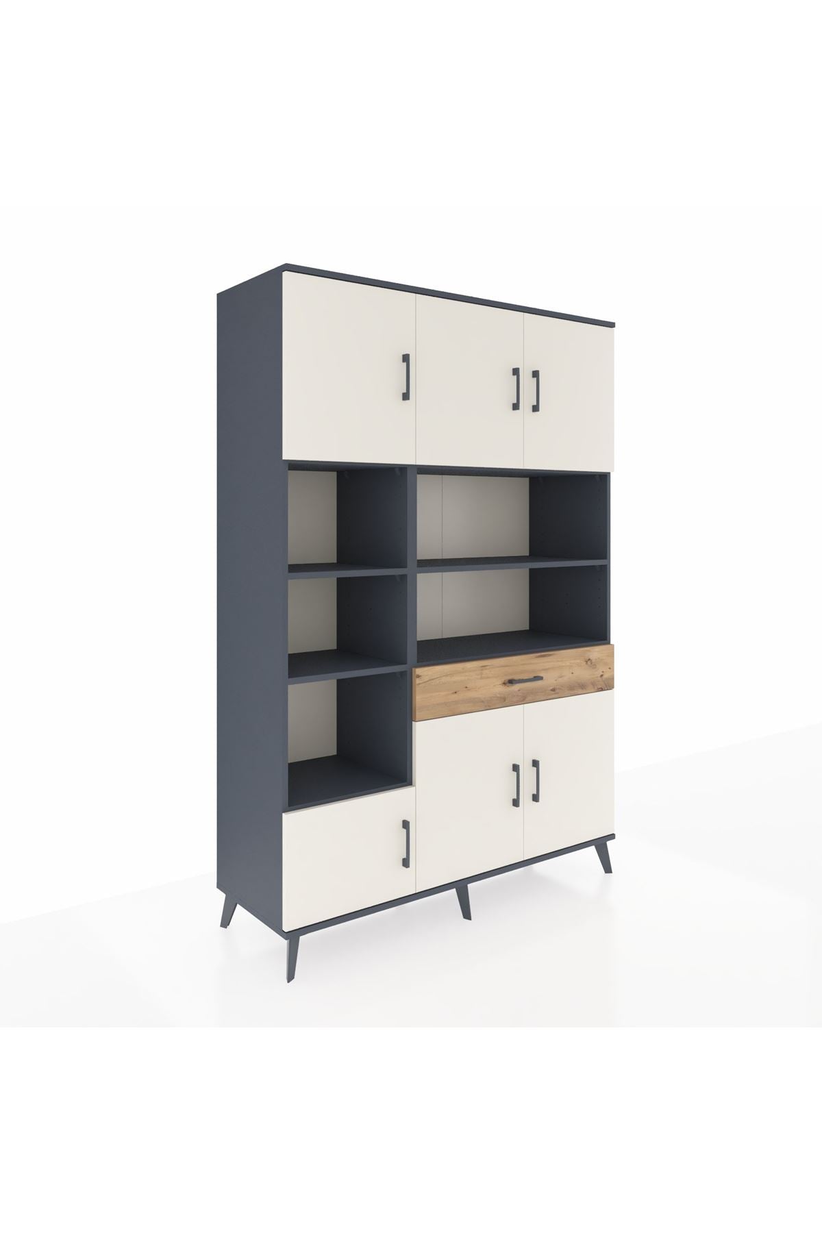 Hyperion Dolap 10 Raflı Tek Çekmeceli 6 Kapaklı 132x44x195 Antrasit-Aytaşı/Çam