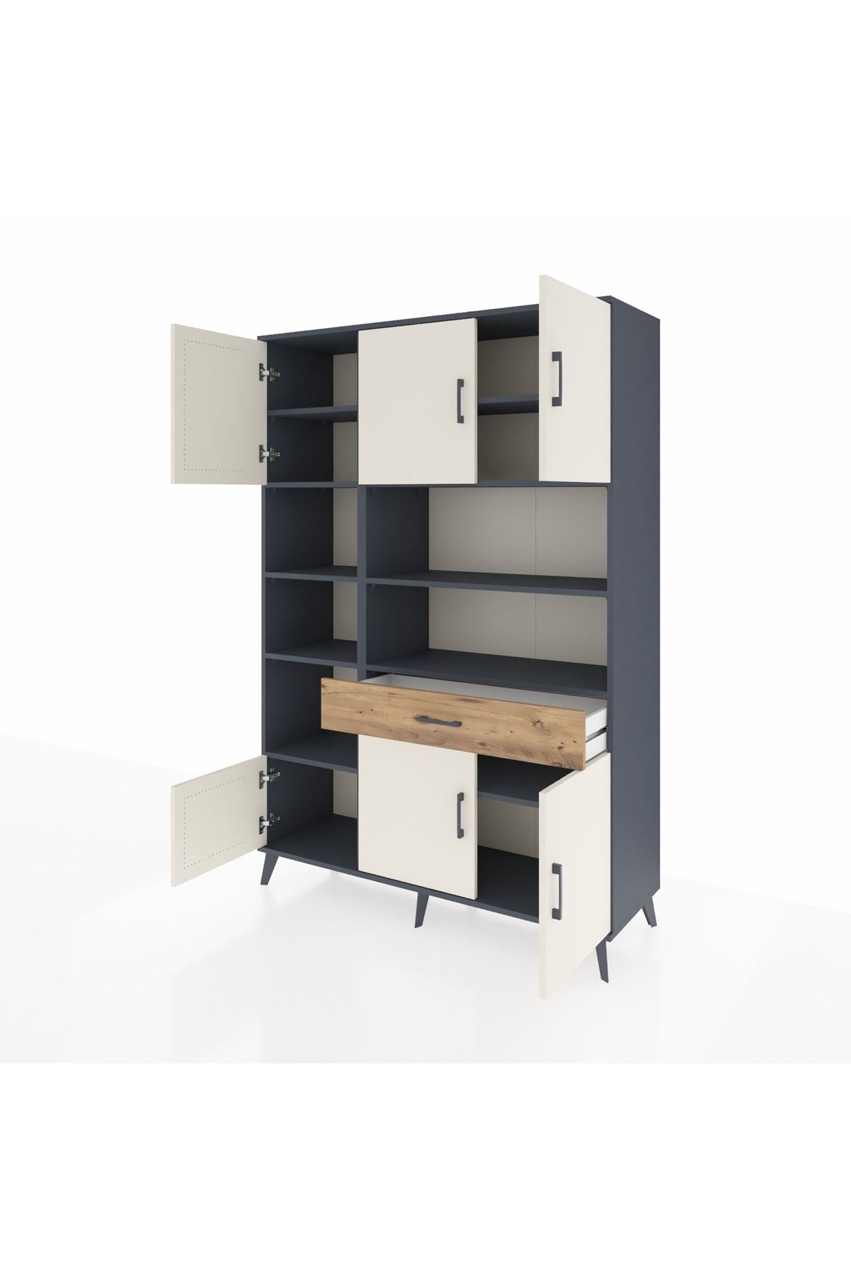 Hyperion Dolap 10 Raflı Tek Çekmeceli 6 Kapaklı 132x44x195 Antrasit-Aytaşı/Çam