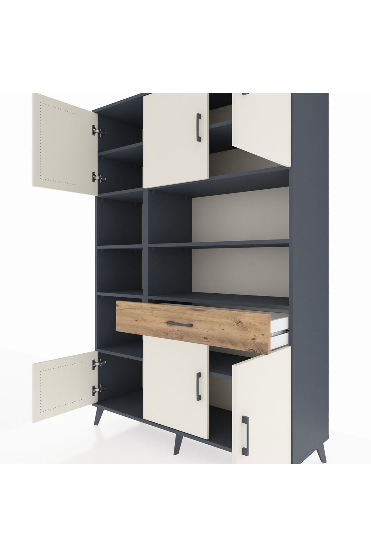 Hyperion Dolap 10 Raflı Tek Çekmeceli 6 Kapaklı 132x44x195 Antrasit-Aytaşı/Çam