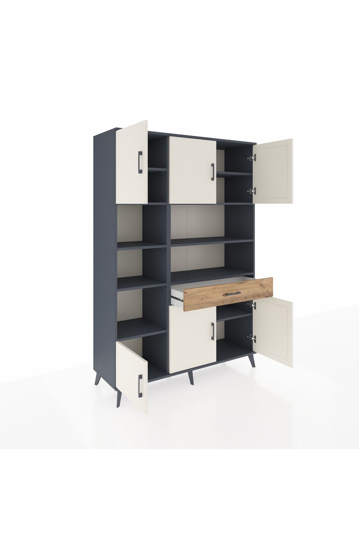 Hyperion Dolap 10 Raflı Tek Çekmeceli 6 Kapaklı 132x44x195 Antrasit-Aytaşı/Çam