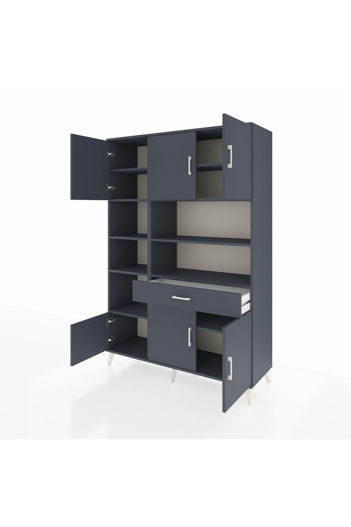 Hyperion Dolap 10 Raflı Tek Çekmeceli 6 Kapaklı 132x44x195 Antrasit-Antrasit/Antrasit