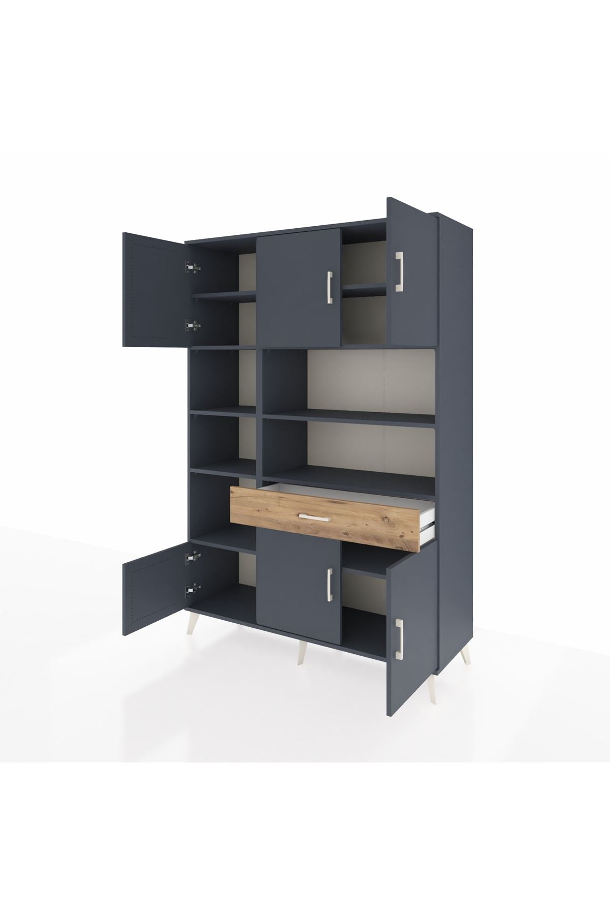 Hyperion Dolap 10 Raflı Tek Çekmeceli 6 Kapaklı 132x44x195 Antrasit-Antrasit/Çam