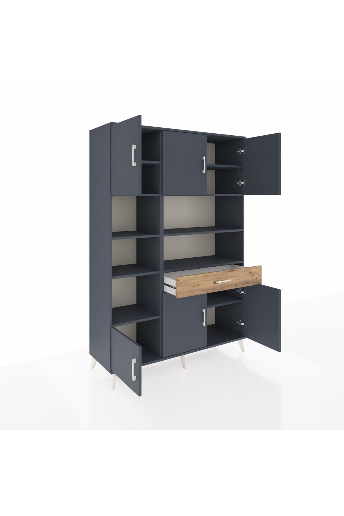 Hyperion Dolap 10 Raflı Tek Çekmeceli 6 Kapaklı 132x44x195 Antrasit-Antrasit/Çam