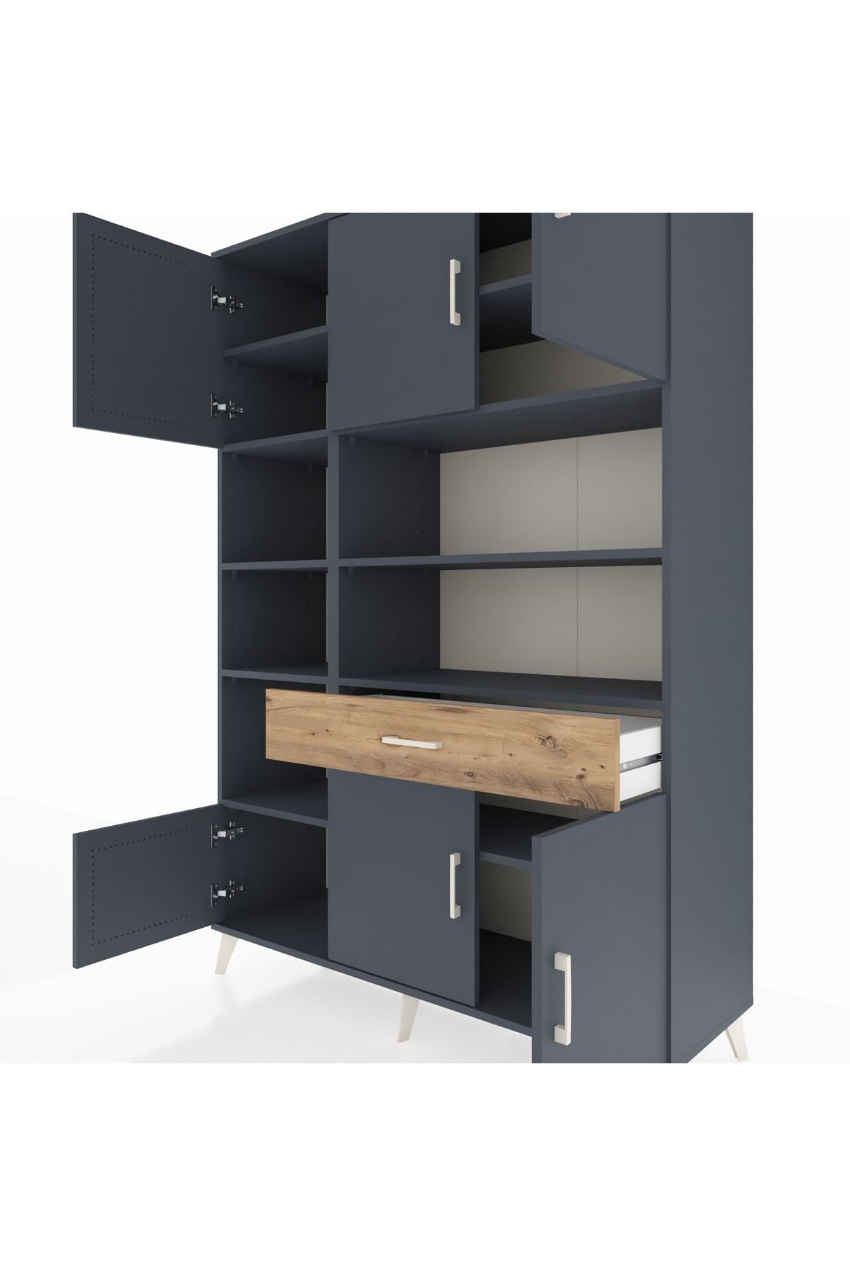 Hyperion Dolap 10 Raflı Tek Çekmeceli 6 Kapaklı 132x44x195 Antrasit-Antrasit/Çam