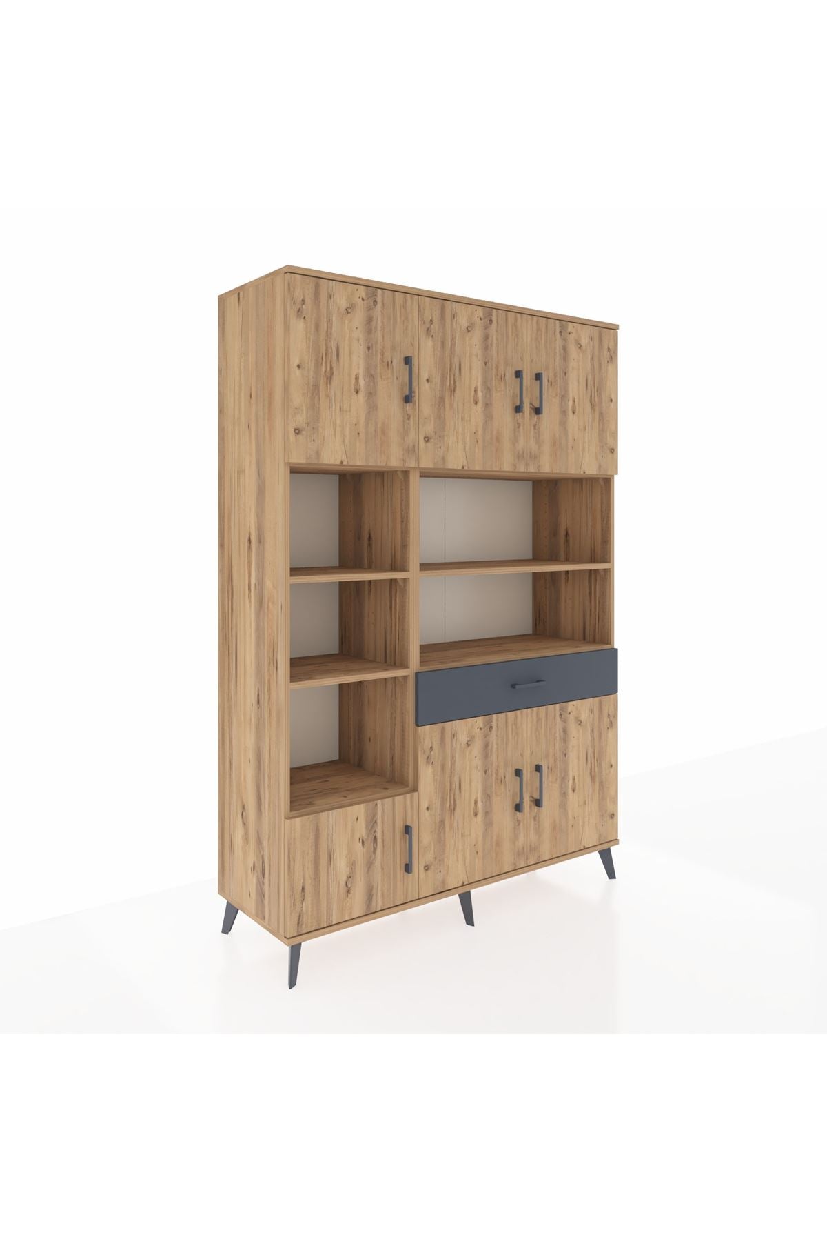 Hyperion Dolap 10 Raflı Tek Çekmeceli 6 Kapaklı 132x44x195 Çam-Çam/Antrasit