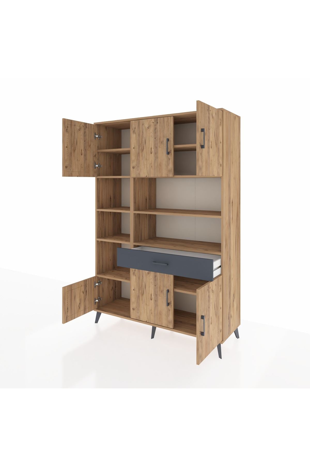 Hyperion Dolap 10 Raflı Tek Çekmeceli 6 Kapaklı 132x44x195 Çam-Çam/Antrasit