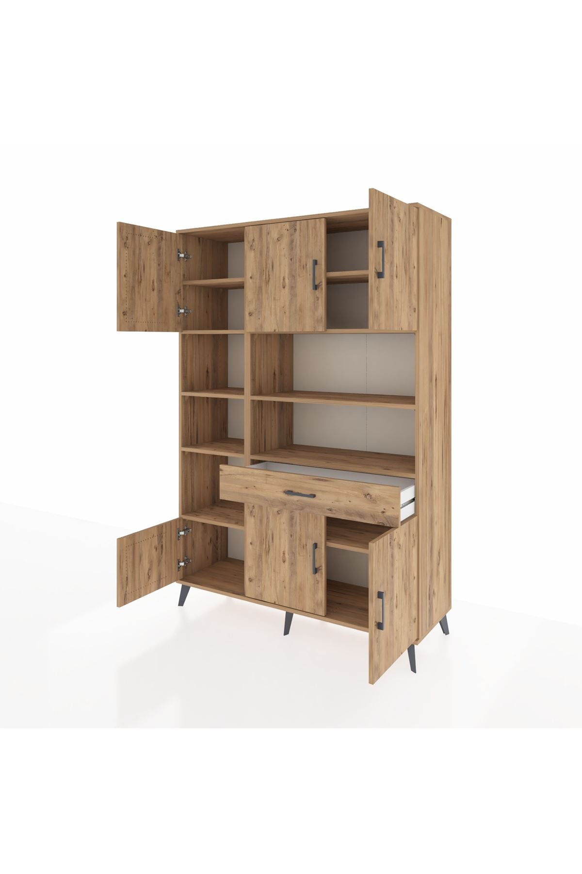 Hyperion Dolap 10 Raflı Tek Çekmeceli 6 Kapaklı 132x44x195 Çam-Çam/Çam