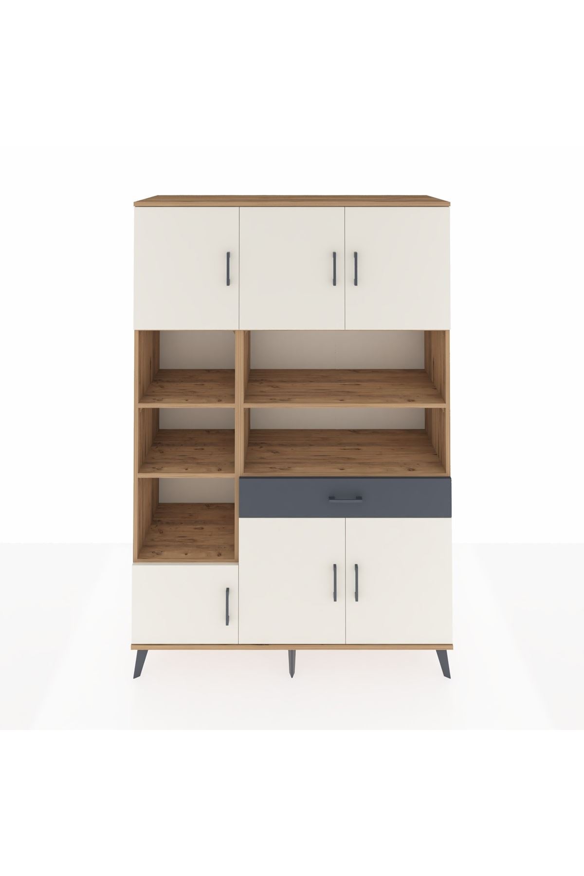 Hyperion Dolap 10 Raflı Tek Çekmeceli 6 Kapaklı 132x44x195 Çam-Aytaşı/Antrasit