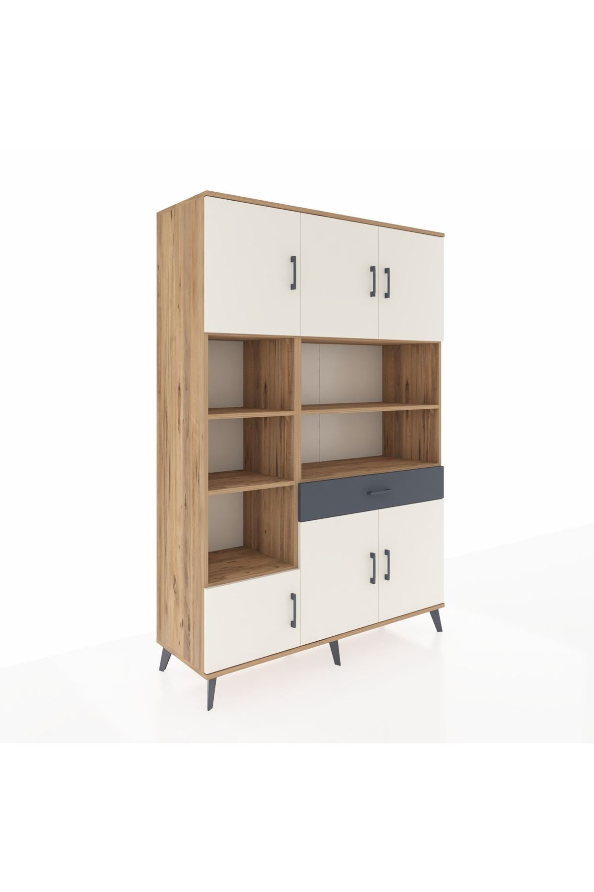 Hyperion Dolap 10 Raflı Tek Çekmeceli 6 Kapaklı 132x44x195 Çam-Aytaşı/Antrasit