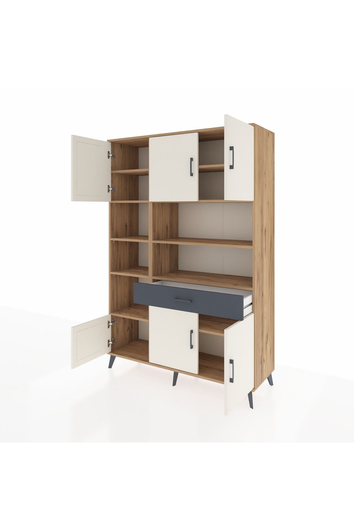 Hyperion Dolap 10 Raflı Tek Çekmeceli 6 Kapaklı 132x44x195 Çam-Aytaşı/Antrasit