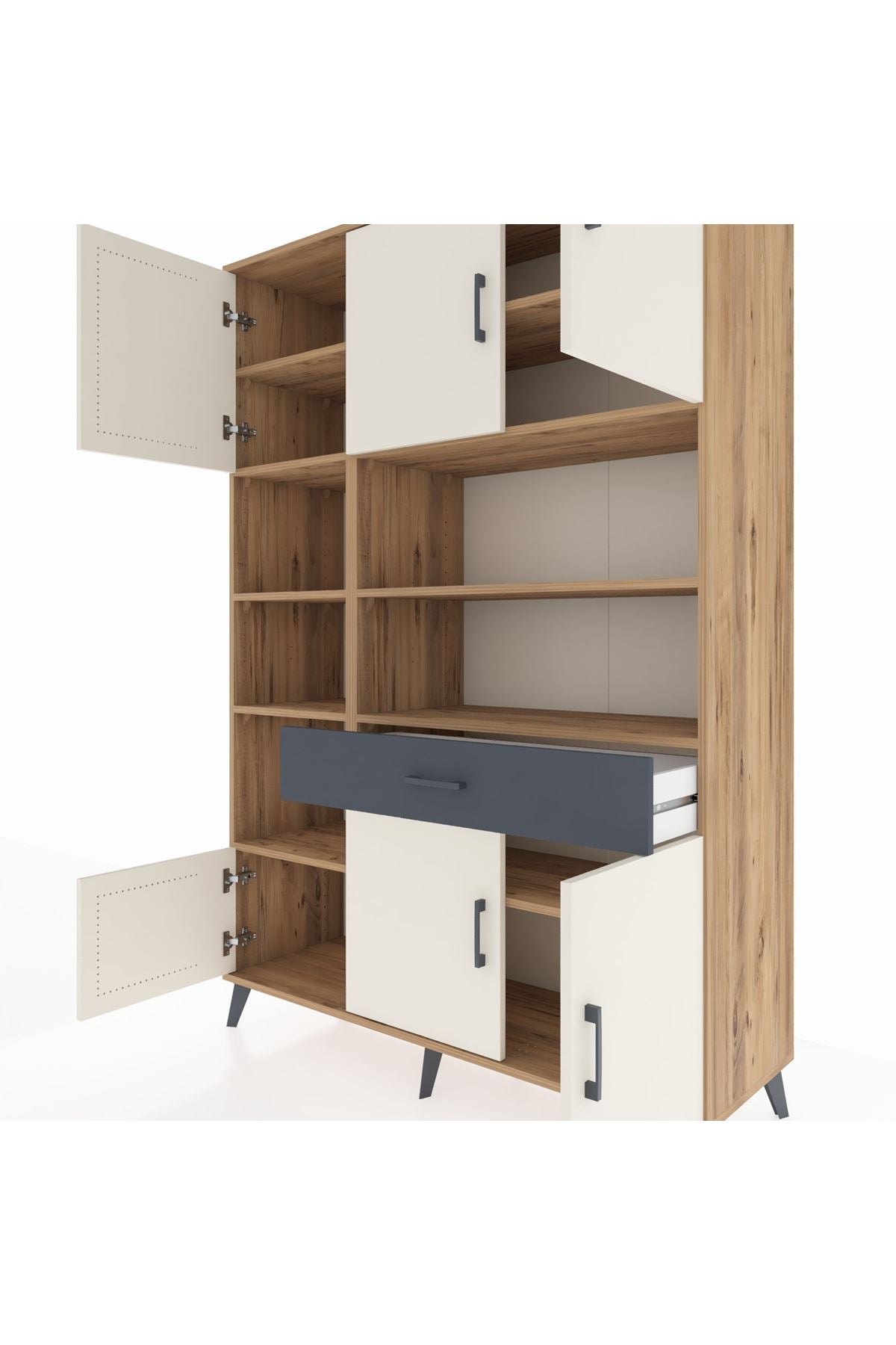 Hyperion Dolap 10 Raflı Tek Çekmeceli 6 Kapaklı 132x44x195 Çam-Aytaşı/Antrasit