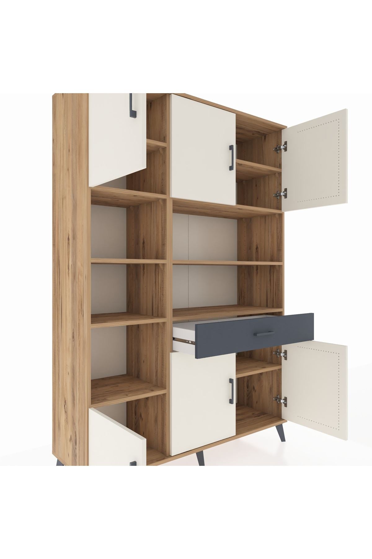 Hyperion Dolap 10 Raflı Tek Çekmeceli 6 Kapaklı 132x44x195 Çam-Aytaşı/Antrasit