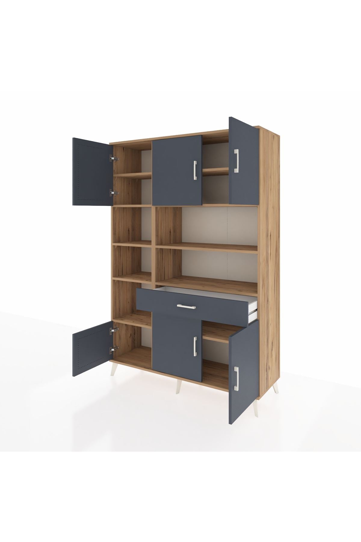 Hyperion Dolap 10 Raflı Tek Çekmeceli 6 Kapaklı 132x44x195 Çam-Antrasit/Antrasit