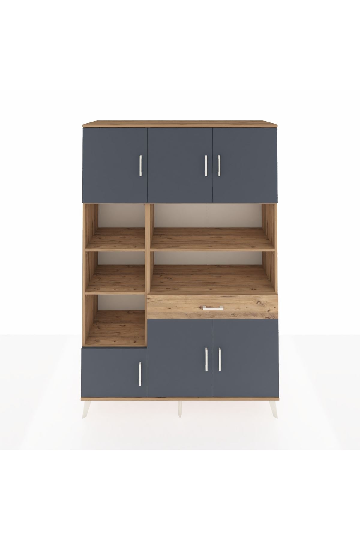 Hyperion Dolap 10 Raflı Tek Çekmeceli 6 Kapaklı 132x44x195 Çam-Antrasit/Çam